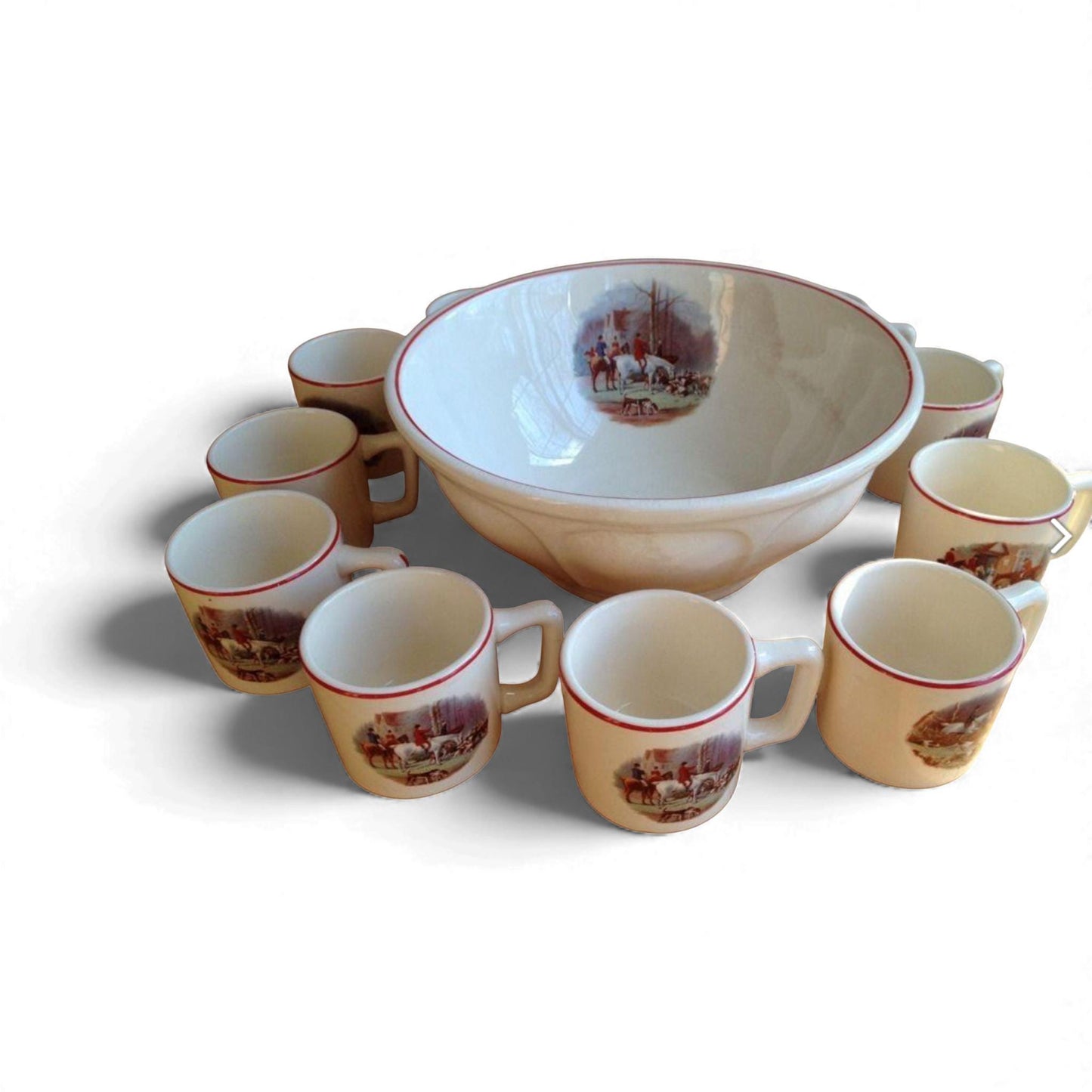 Vintage Fox Hunting Ironstone Punch Bowl & Mugs - 14 Piece Set