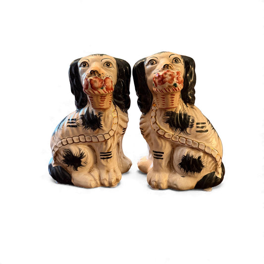 Pair of Antique Staffordshire Spaniels with Flower Baskets