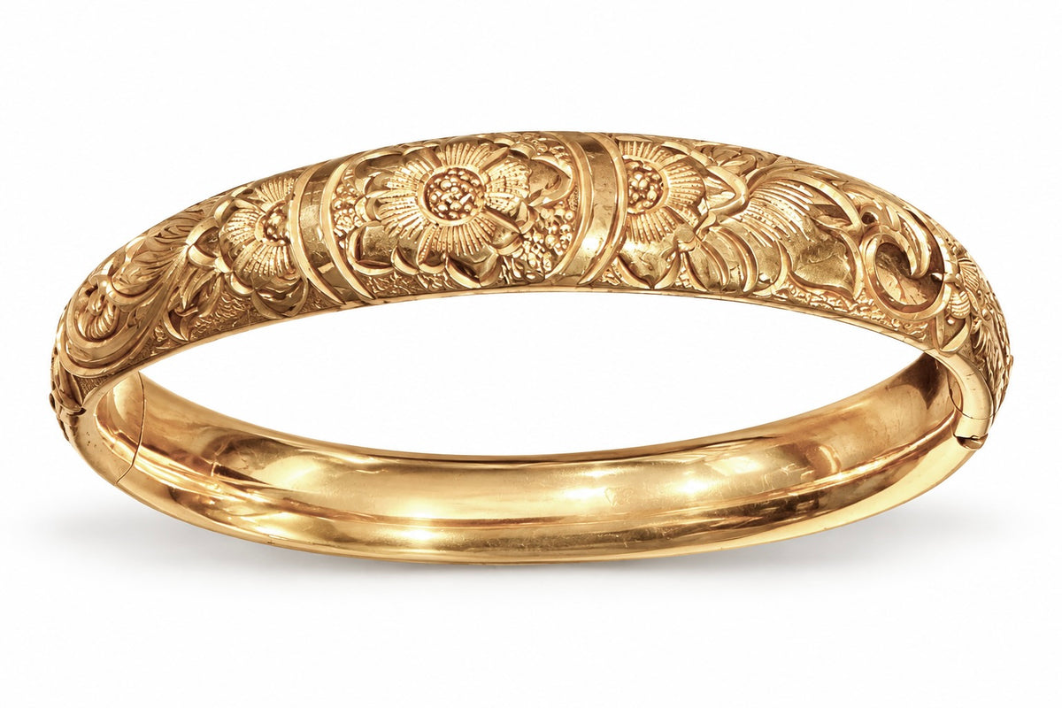 Antique Gold-Filled Floral Engraved Hinged Bangle Bracelet