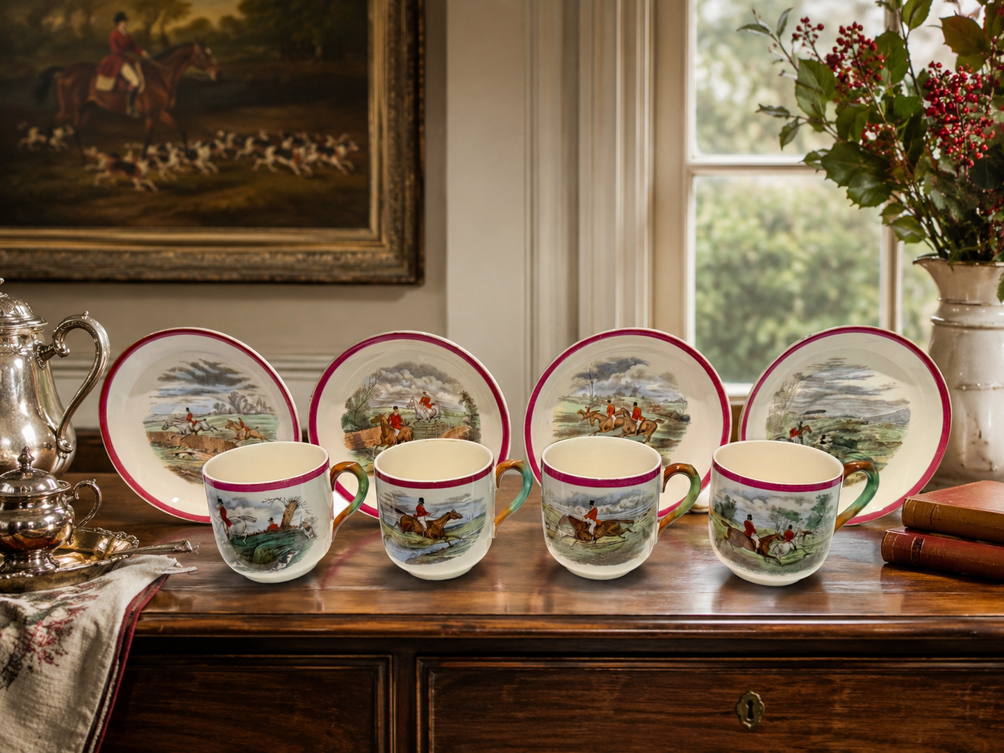 Antique Copeland Spode Herring's Hunt Fox Hunt Cups & Saucers - Set of 4
