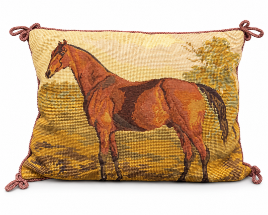 Vintage Equestrian Wool Petit Point Needlepoint Pillow