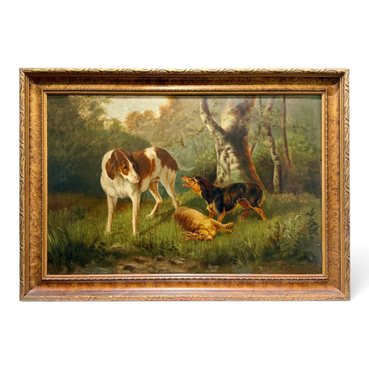 Antique c. 1886 Hunting Dogs & Hare Original Oil Painting - Signed & Framed