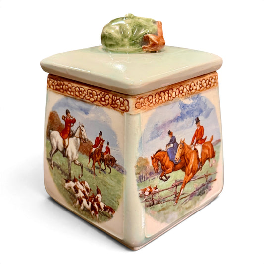 Vintage Hand-Painted English Fox Hunt Ceramic Covered Jar