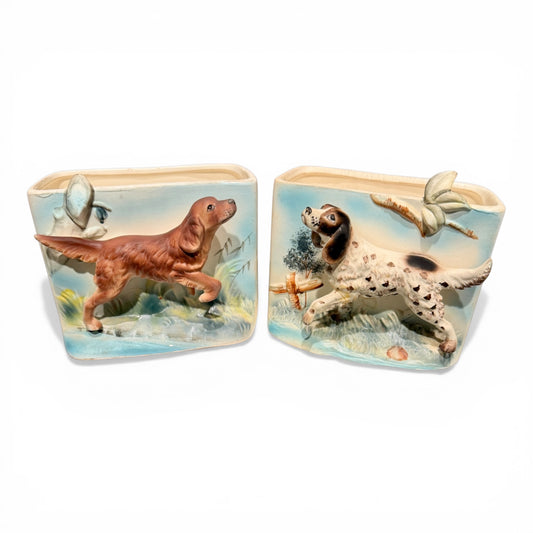 Vintage Hand Painted Setter Dog Ceramic Wall Pockets, Pair