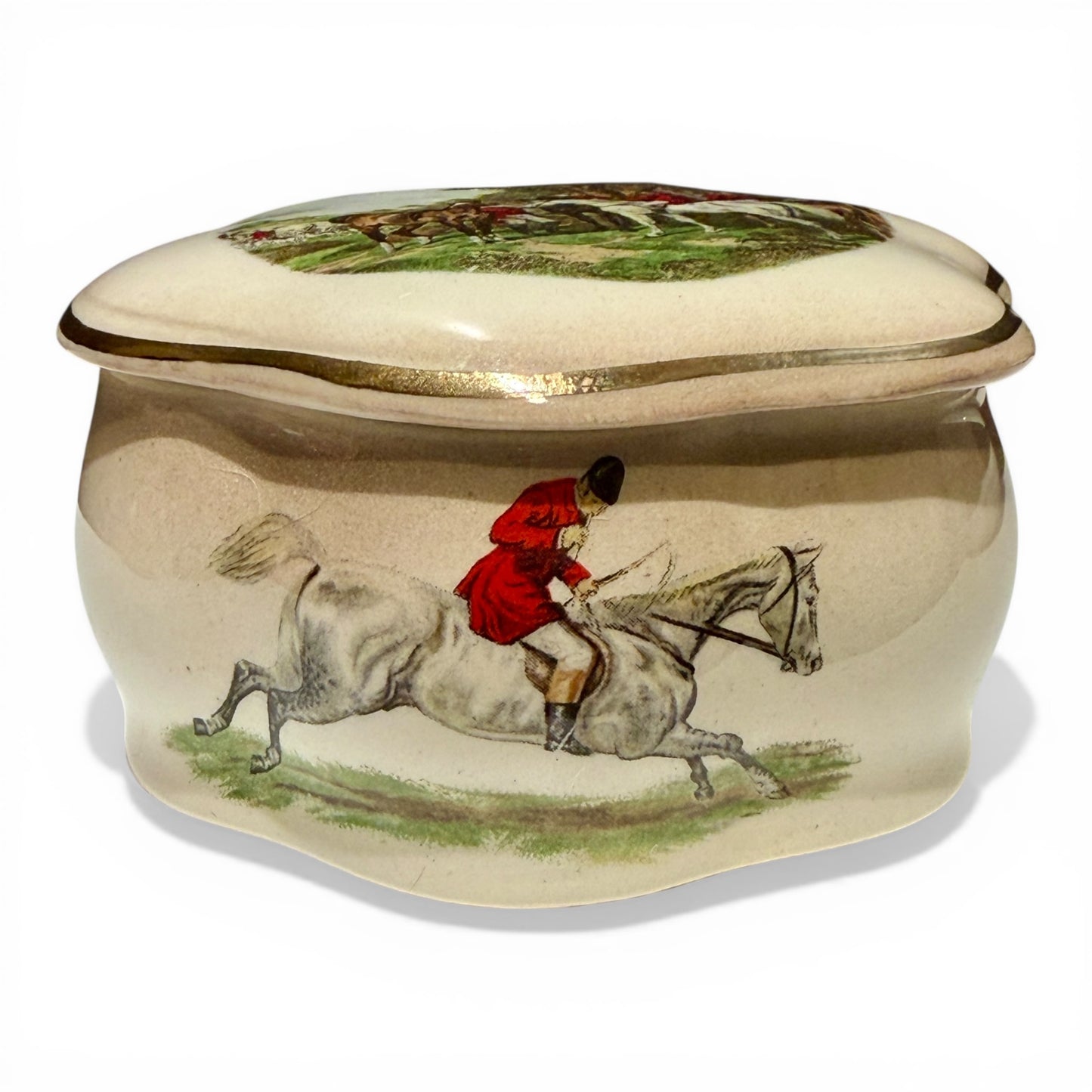 Vintage Palissy Royal Worcester English Porcelain Fox Hunting Trinket Box