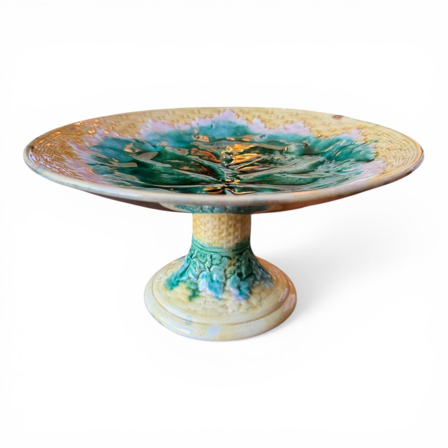 Antique Etruscan Majolica Pedestal Cake Plate, c.1880s