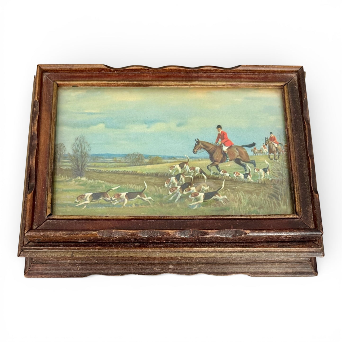 Antique Oak Fox Hunting Hinged Trinket Box