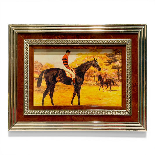 Antique Equestrian “Iroquois” Print in Silver & Burled Wood Tabletop Frame
