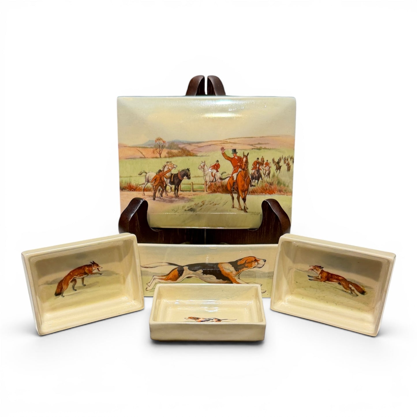 Antique Royal Doulton Fox Hunting Trinket Box & Tray Set