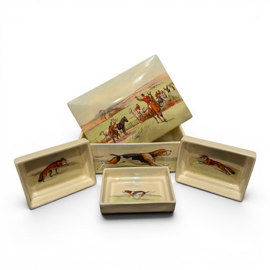 Antique Royal Doulton Fox Hunting Trinket Box & Tray Set