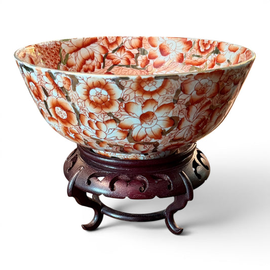 Asian Famille Rose Coral Ground Floral Porcelain Bowl on Hand-Carved Stand