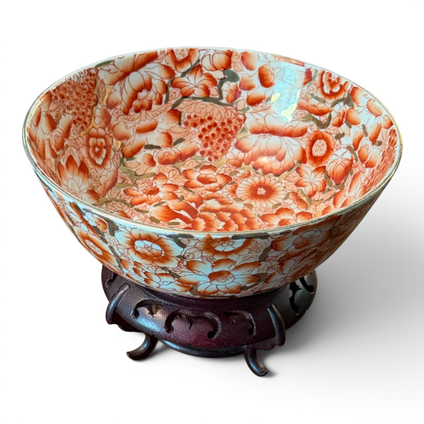 Asian Famille Rose Coral Ground Floral Porcelain Bowl on Hand-Carved Stand