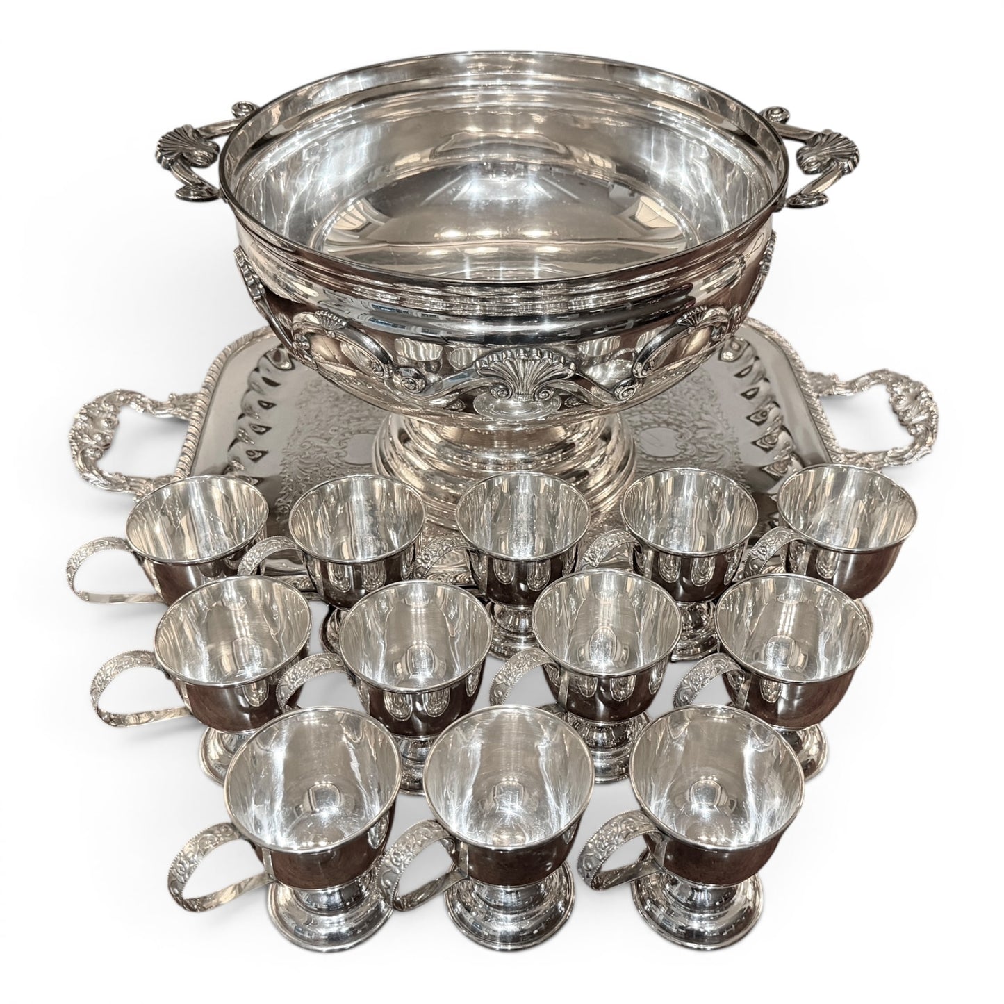Vintage Silver Punch Bowl Set with 12 Cups & Ornate Handled Tray