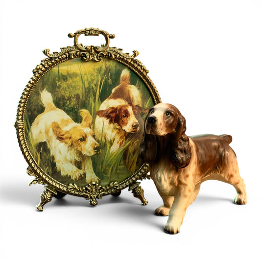 Antique Sporting Dog Vignette Set - Gilt Framed Hunting Spaniels Print & Porcelain Cocker Spaniel Figurine