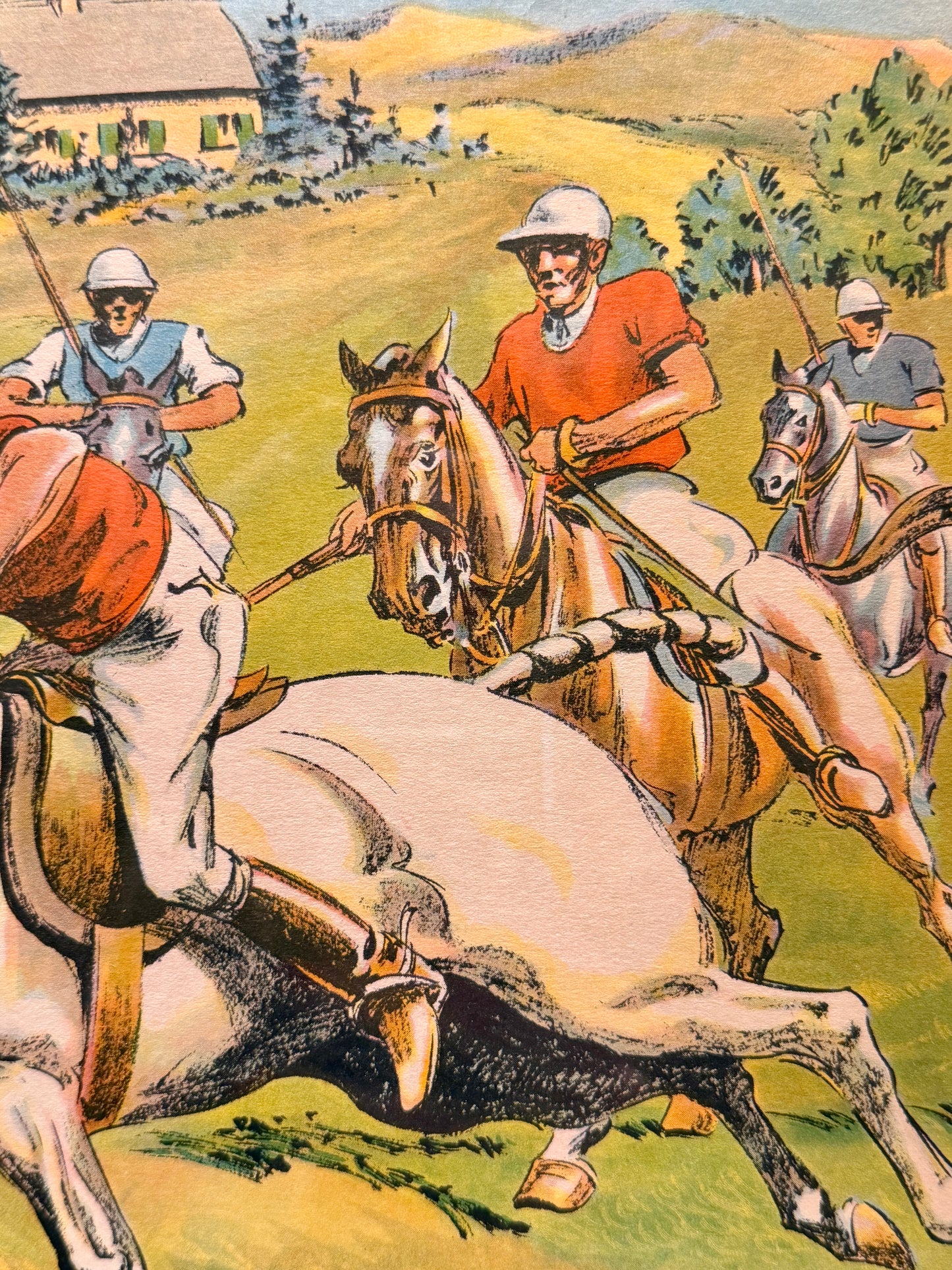 Vintage 1938 Otto Brennemann Polo Match Lithograph in Wood Frame Under Glass