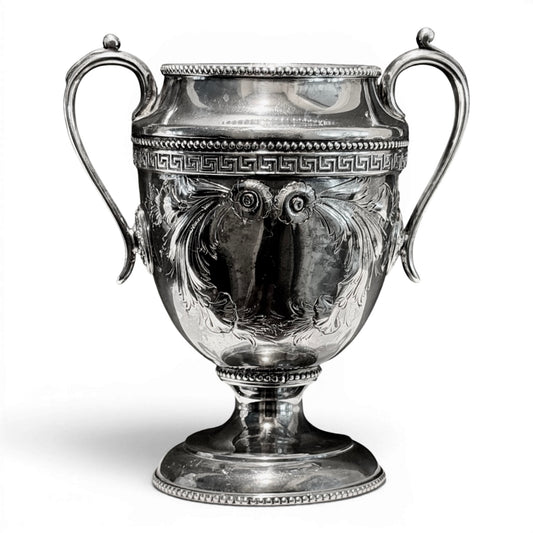 Large Antique Silver Trophy Cup with Greek Key Detail