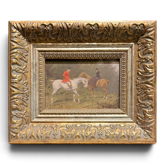 Vintage Equestrian Hunt Scene Canvas Print in Ornate Gilt Toned Frame
