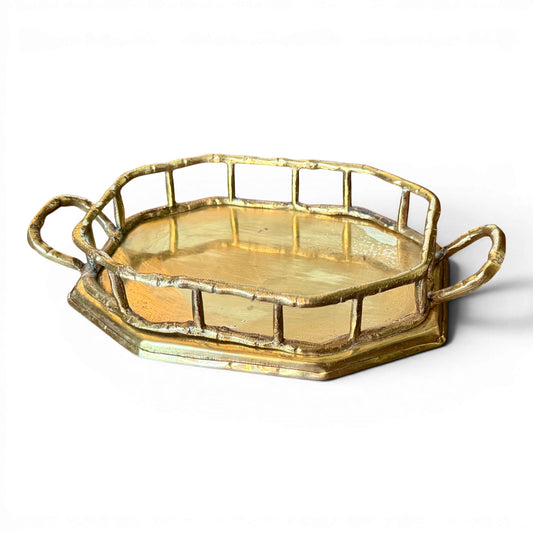Antique Brass Bamboo Gallery Tray with Handles | Small Hollywood Regency Brass Catchall