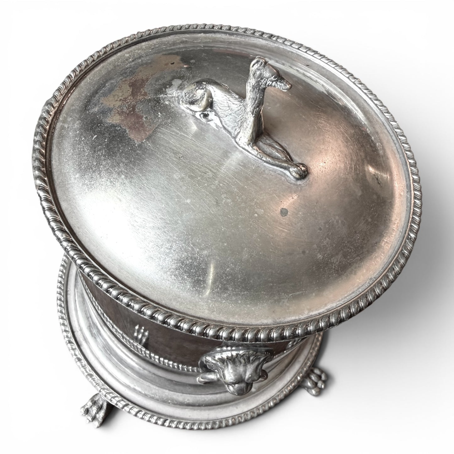 Large Antique Victoria Silver Hound Dog English Biscuit Barrel