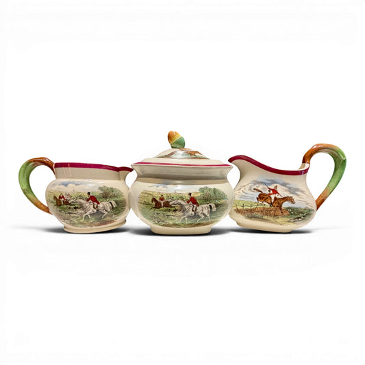 Vintage Copeland Spode English Fox Hunting Cream, Milk, & Sugar Set