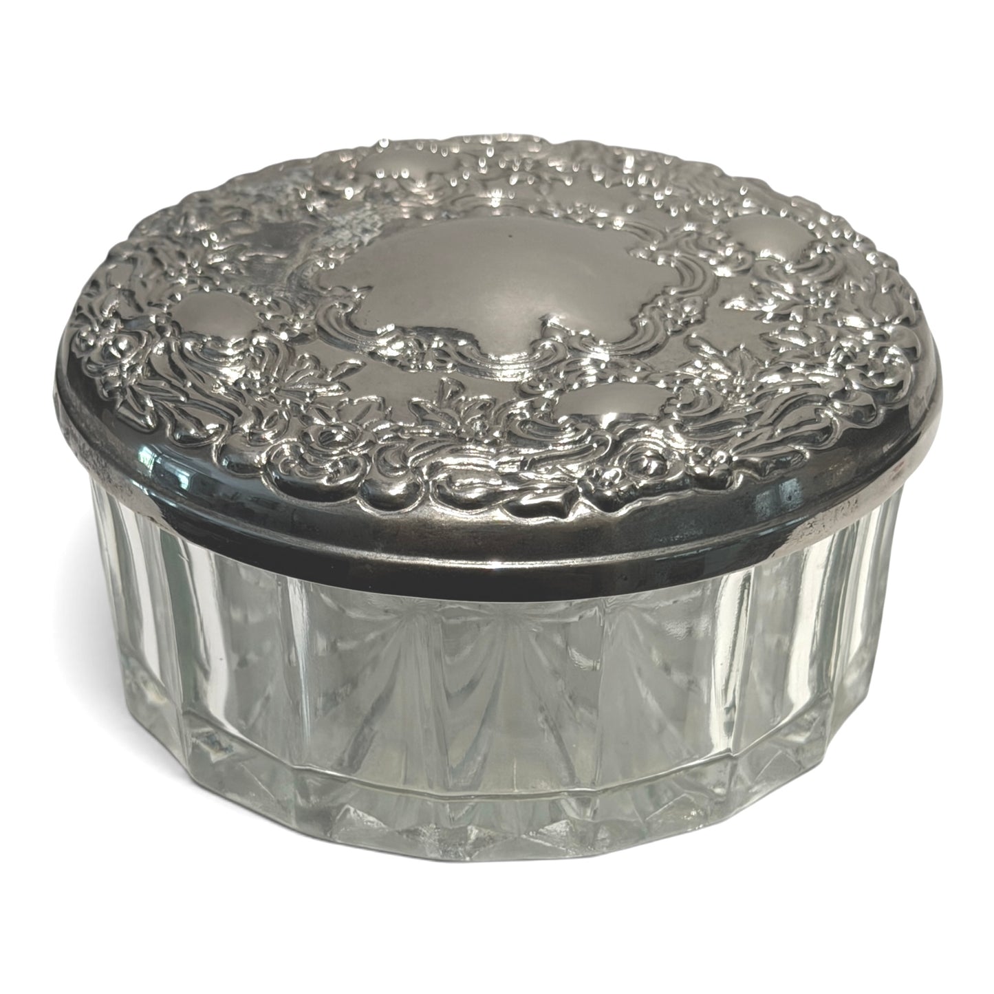 Vintage Victorian Bouquets Silver & Glass Mirrored Vanity Powder Box