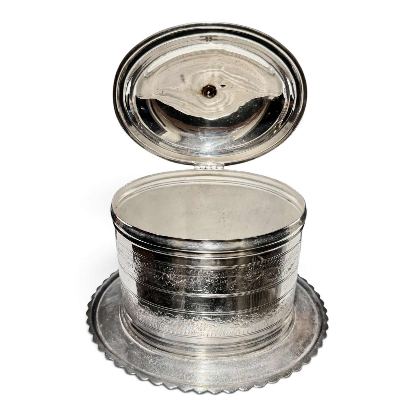 Antique Silver Engraved Biscuit Barrel with Hinged Lid & Scalloped Base