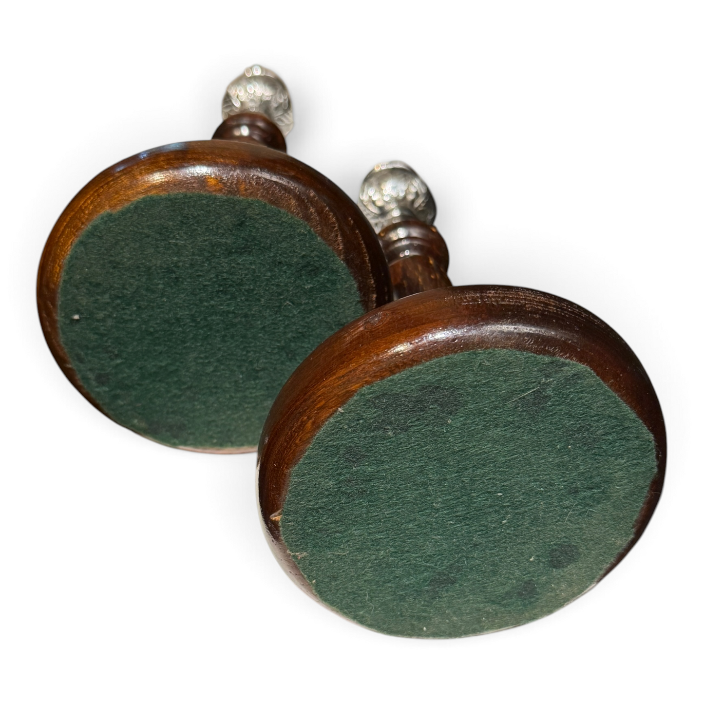 Antique English Barley Twist Wood Candlesticks with Silver Plate Mounts, Pair | c. 1920s