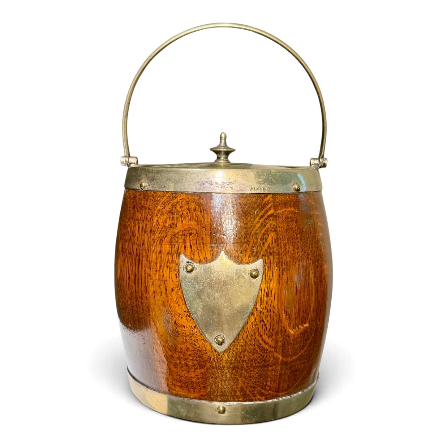 Antique English Oak Biscuit Barrel with EPNS Silverplate & Ceramic Liner