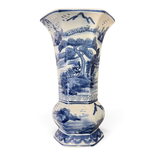 Vintage Mid-Century Chinese Blue & White Porcelain Landscape Gu-Form Chinoiserie Vase