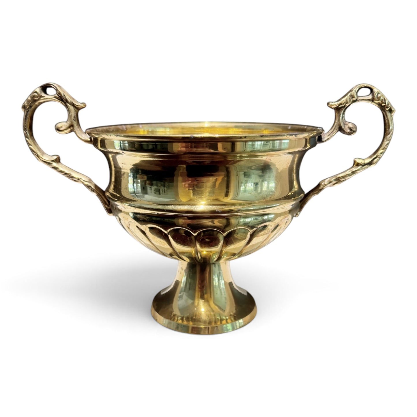Vintage Brass Trophy Pedestal Bowl with Ornate Scroll Handles