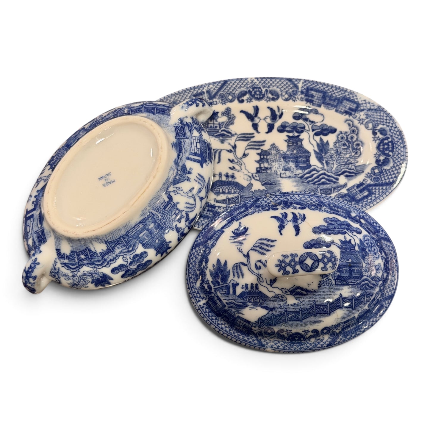 Antique Japanese Blue Willow Porcelain Covered Salt Cellar with Matching Tray