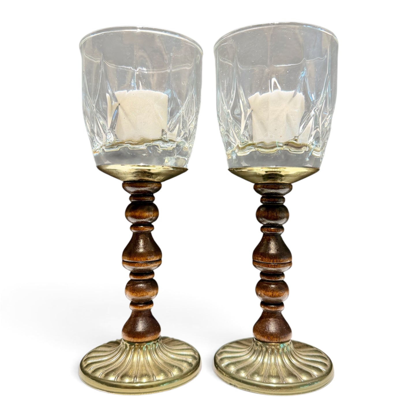 Vintage Brass, Turned Wood & Glass Pedestal Candle Holders — Pair