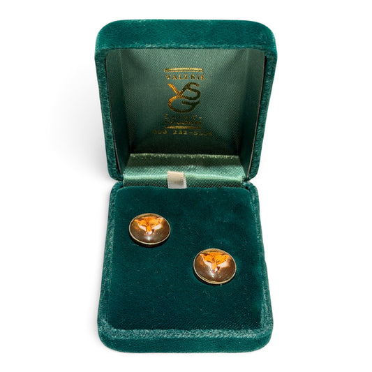 Vintage Sterling Silver Reverse-Painted Fox Earrings in Original Presentation Box