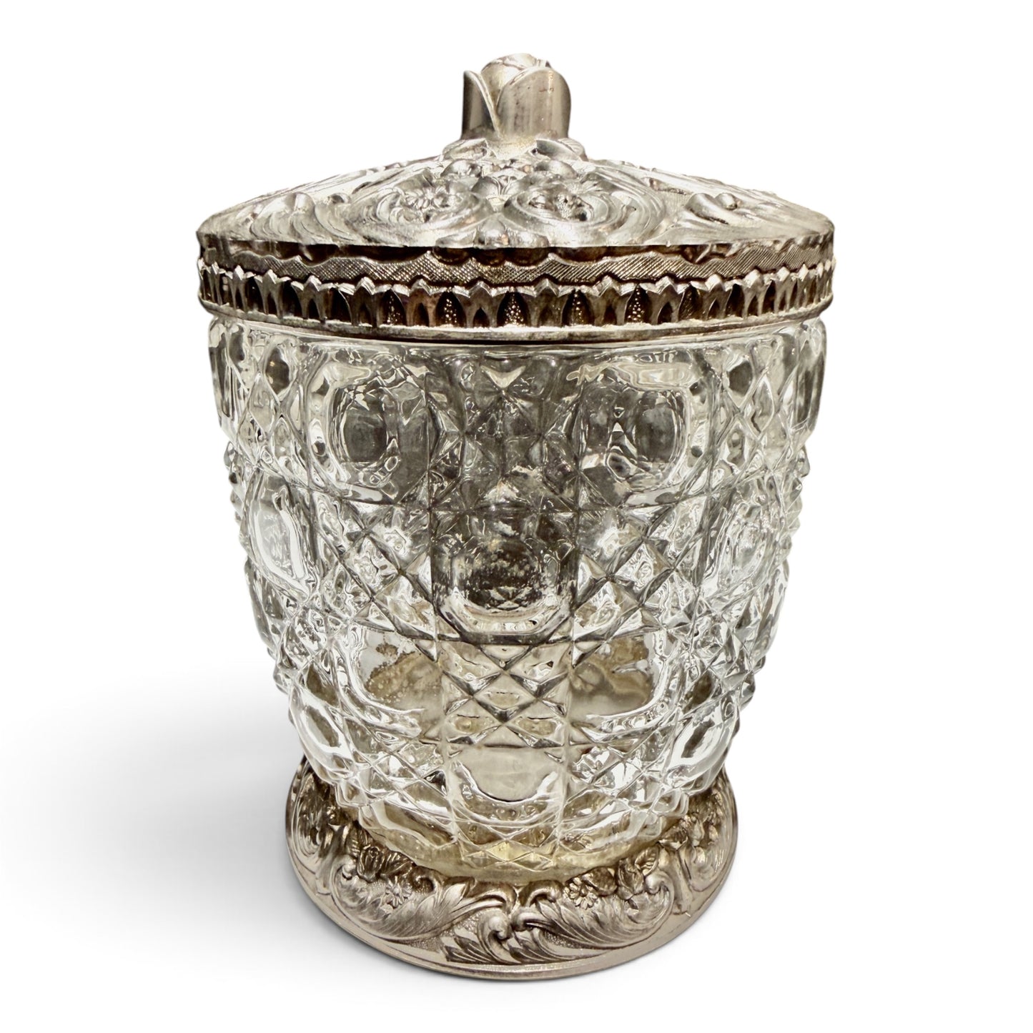 Vintage Silver & Pressed Glass Covered Jar with Rose Finial