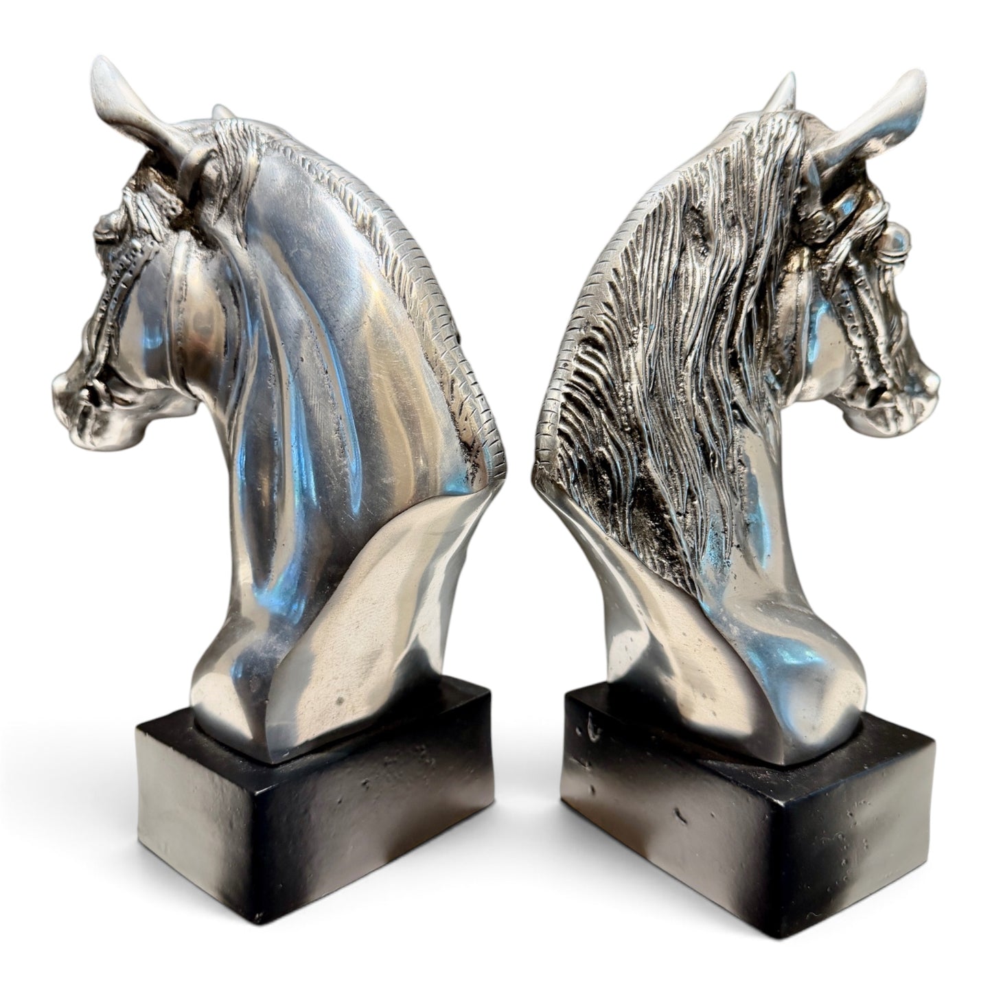 Vintage Silver Equestrian Horse Head Bookends – Large Sculptural Pair