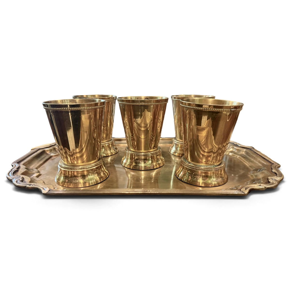 Vintage Julep Cup Set with Brass Ornate Serving Tray — Set of Five