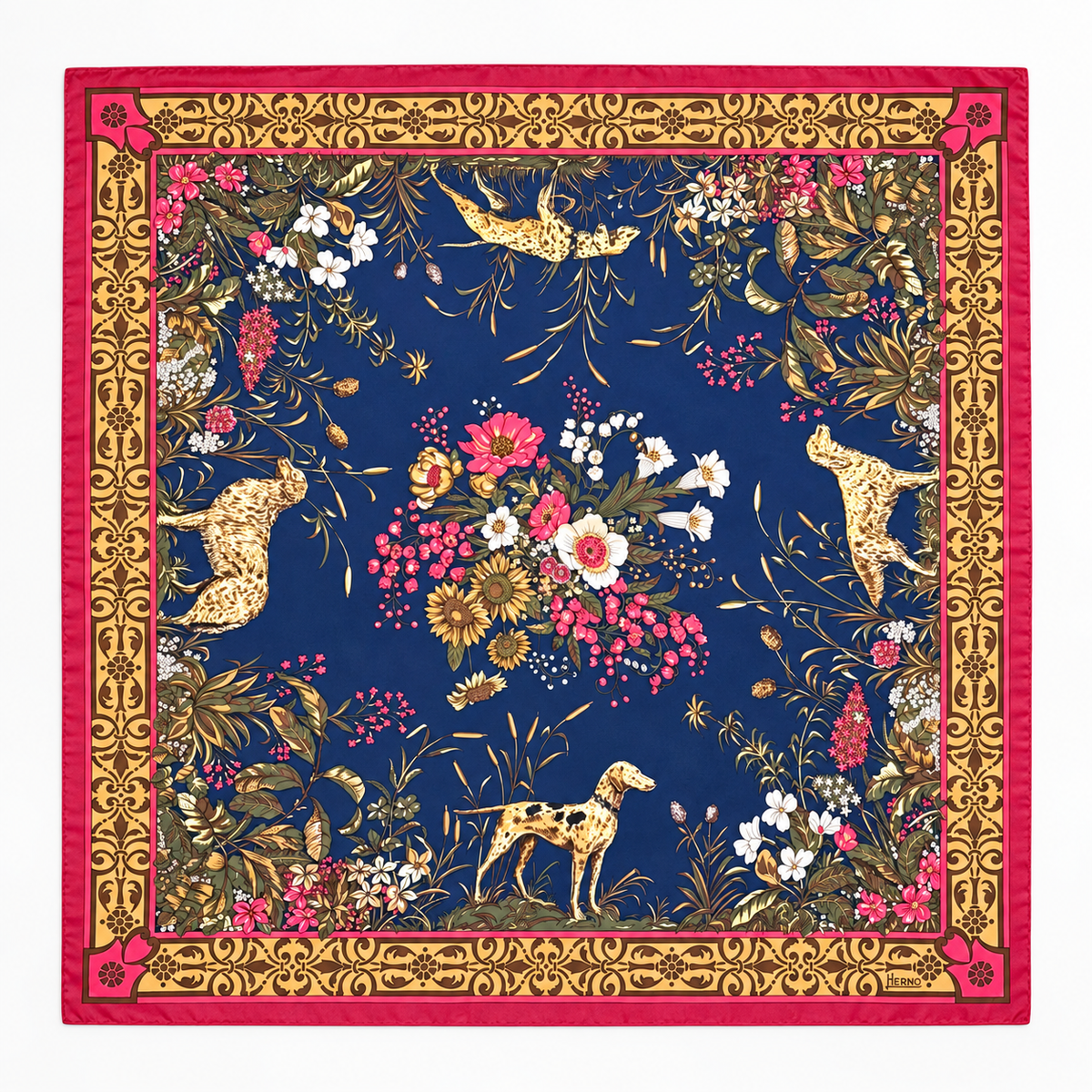 Vintage Herno Italian Silk Hunting Dog & Botanical Scarf — 31" Square