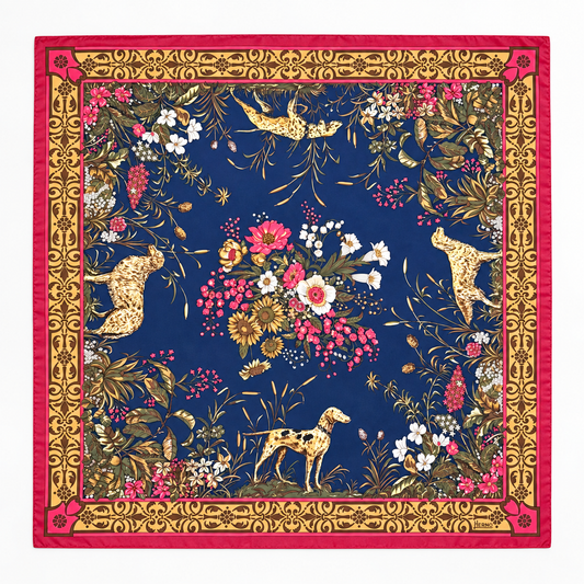 Vintage Herno Italian Silk Hunting Dog & Botanical Scarf — 31" Square