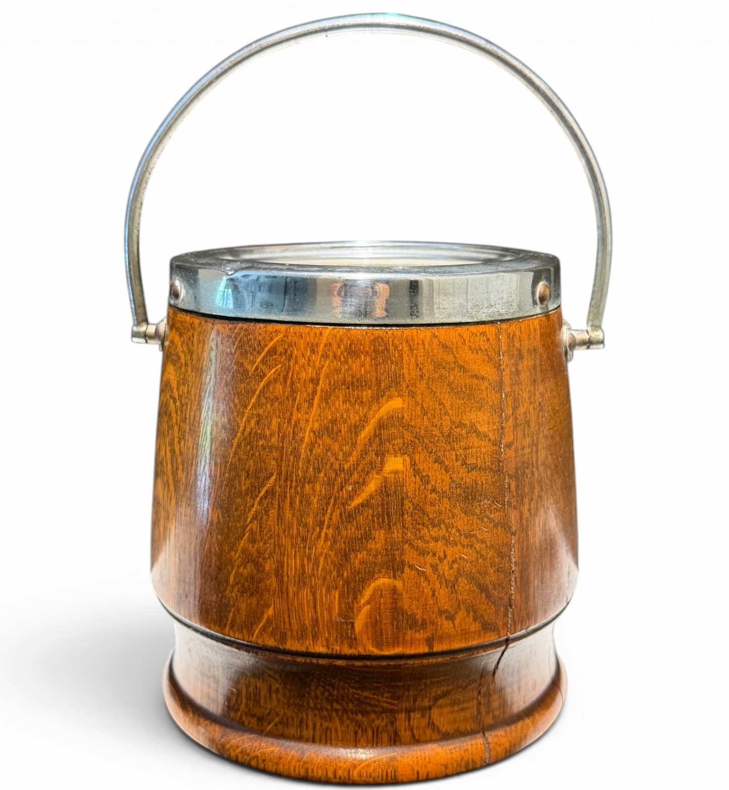 Antique English Oak & Silver Ironstone Lined Biscuit Barrel
