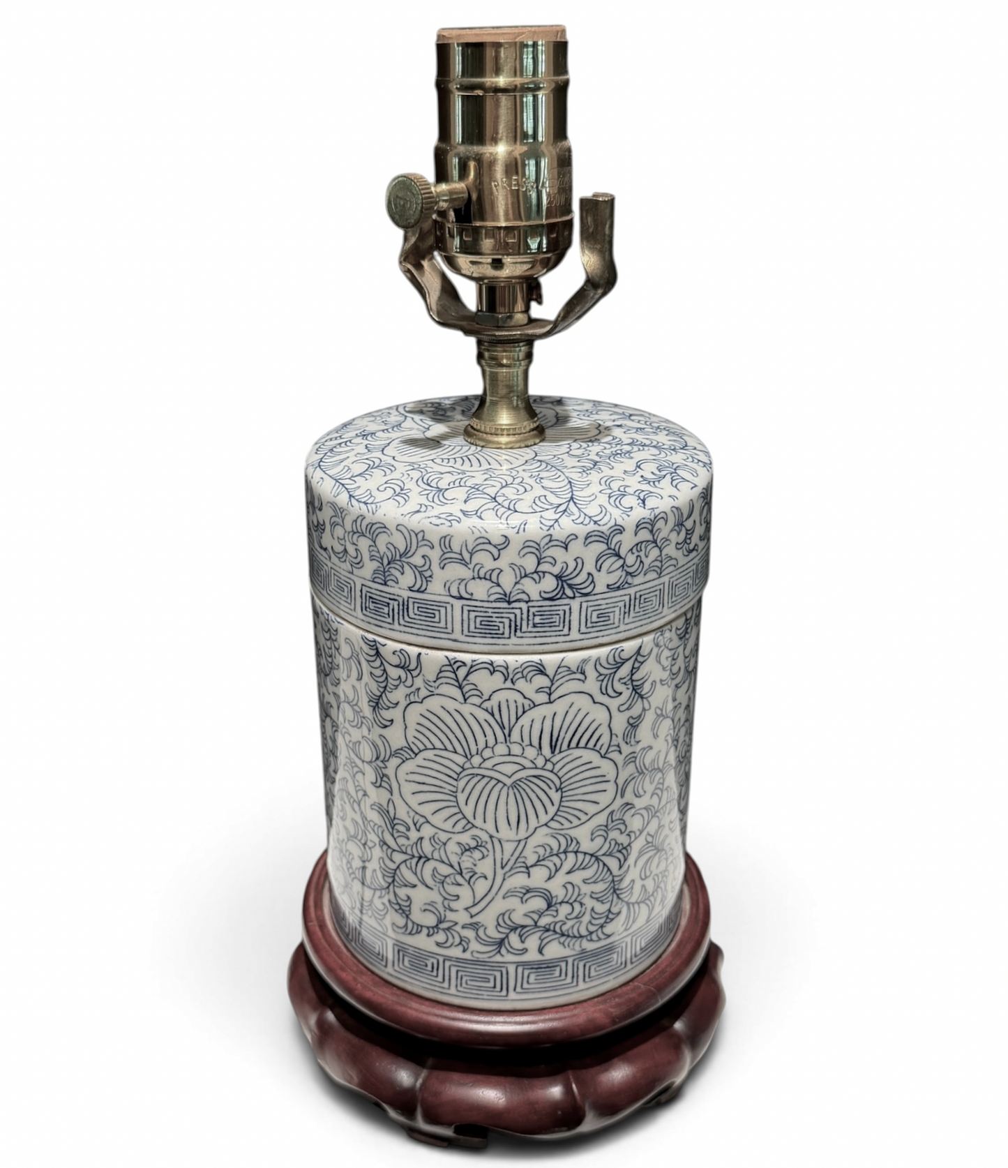 Antique Blue & White Chinoiserie Porcelain Table Lamp on Carved Wood Base
