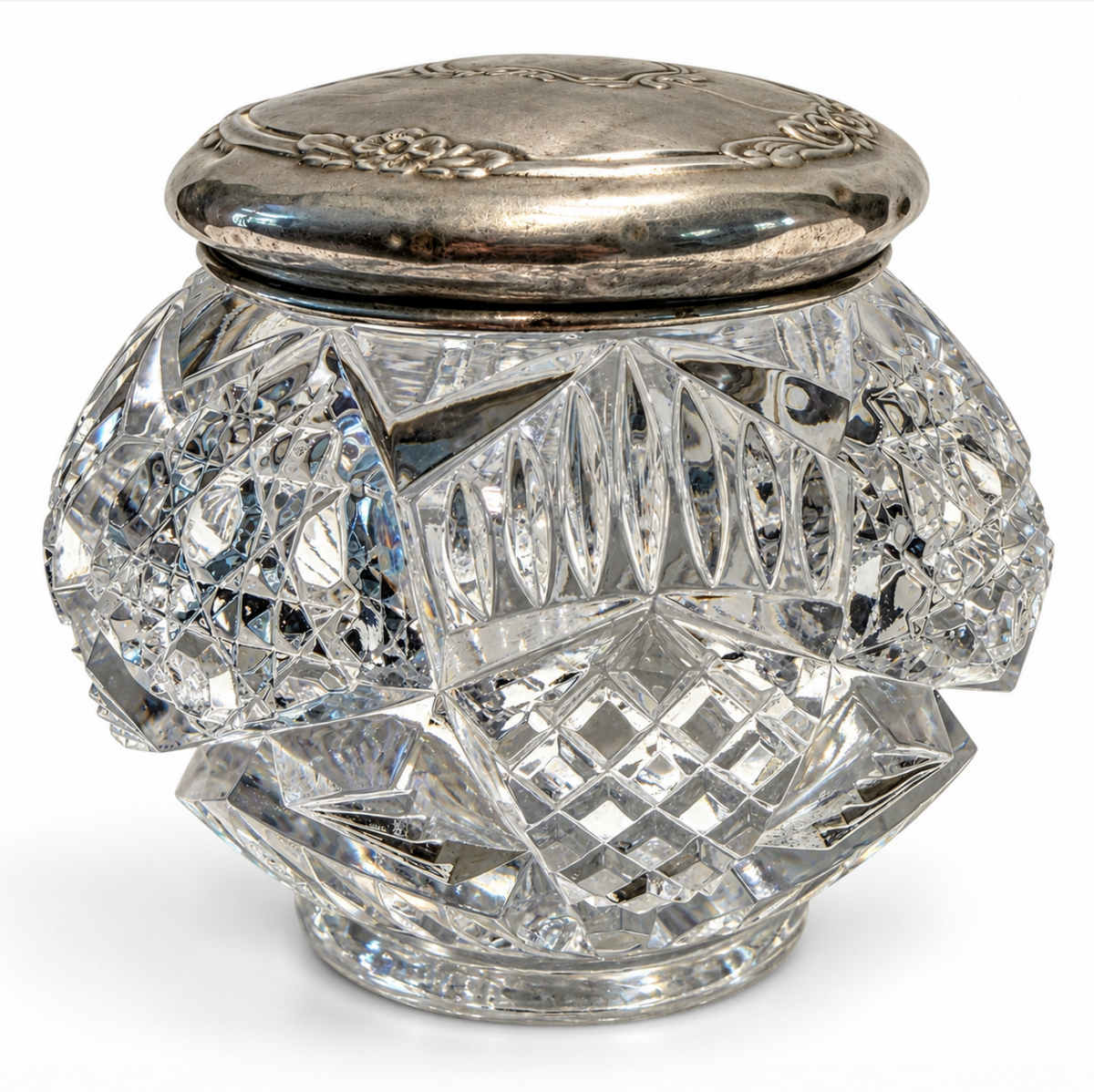 Vintage Glass Vanity Jar with Gold Floral Lid