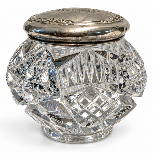 Vintage Glass Vanity Jar with Gold Floral Lid