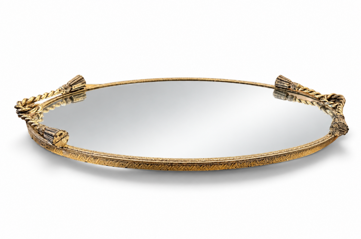 Antique French-Style Gilt Rope & Tassel Mirrored Vanity Tray