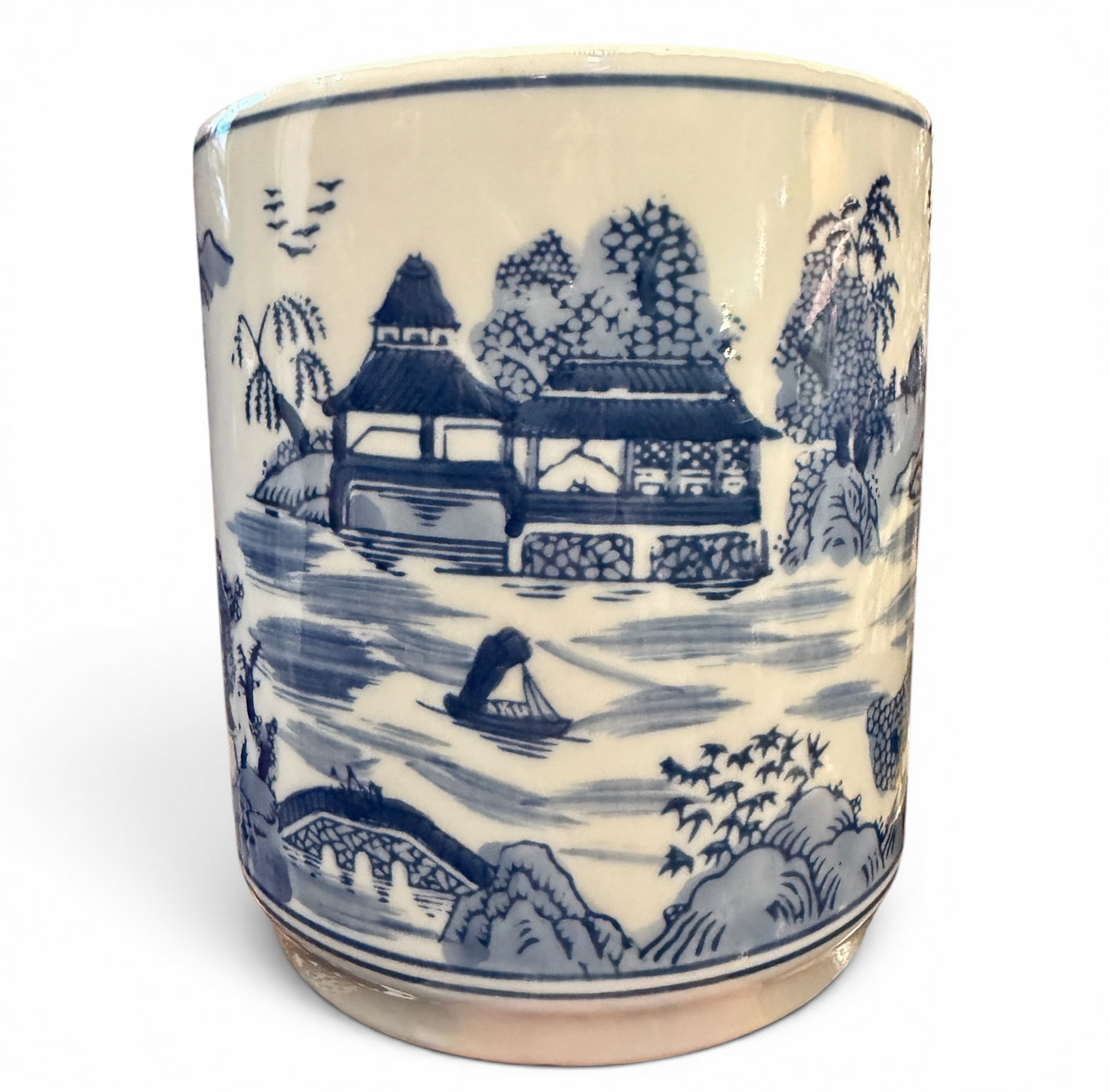 Large Vintage Pagoda Chinoiserie Hand Painted Porcelain Cachepot