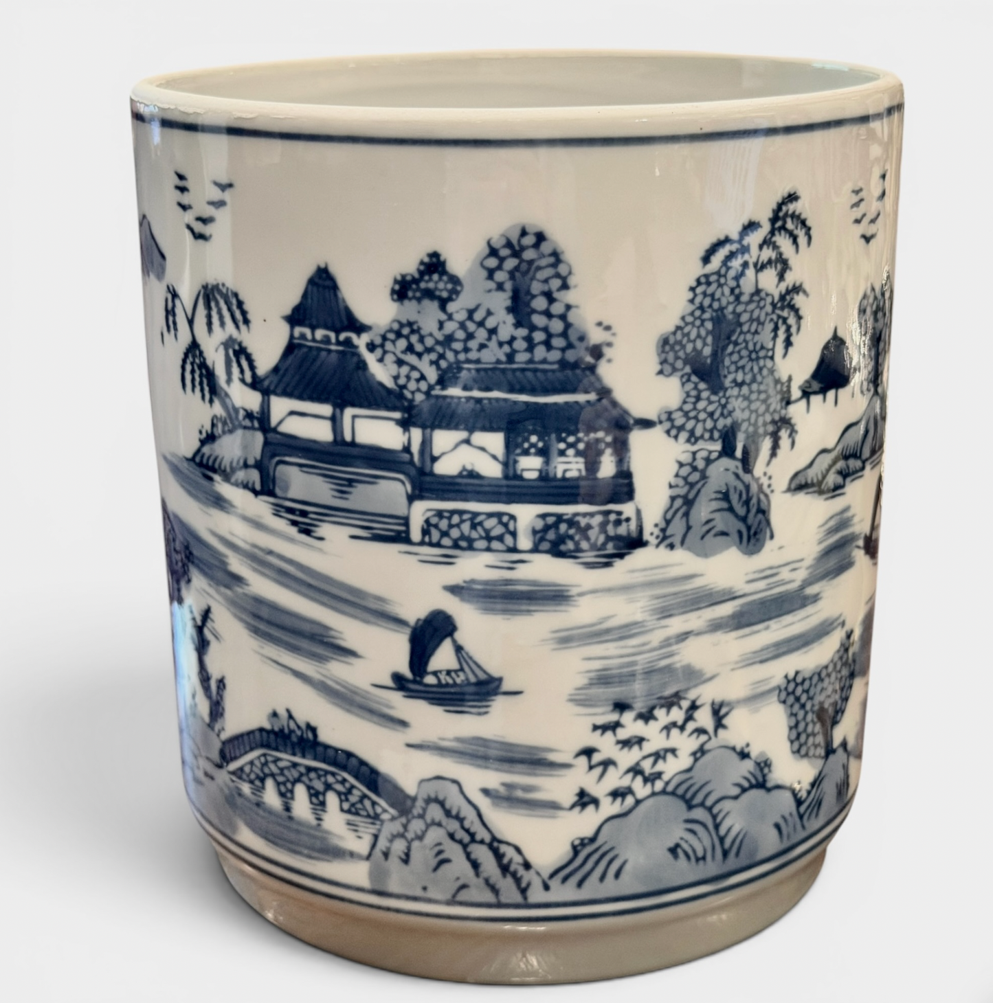 Large Vintage Pagoda Chinoiserie Hand Painted Porcelain Cachepot