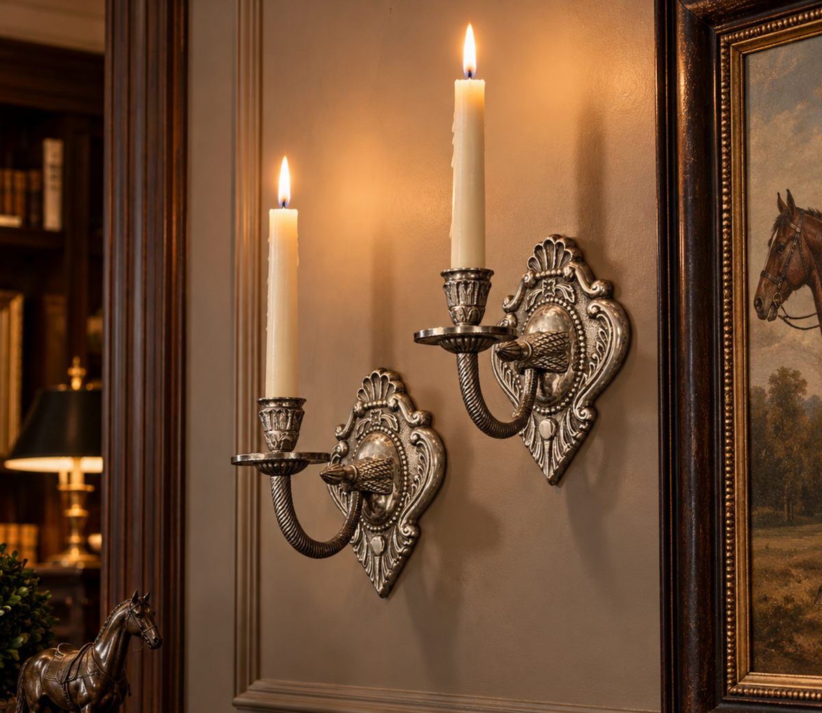 Vintage Silver Rococo Wall Candle Sconces - Pair