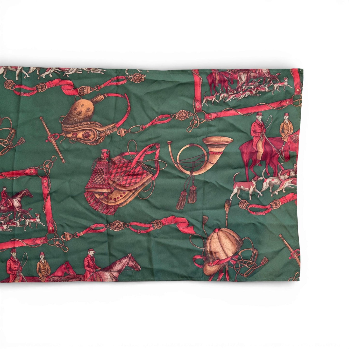 Vintage Equestrian Silk Scarf — Green Fox Hunt Motif with Riders, Hounds & Tack (54" x 15")