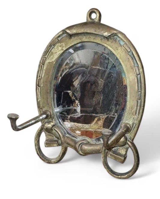 c.1900 Solid Brass Equestrian Gentleman's Shaving Mirror with Hooks