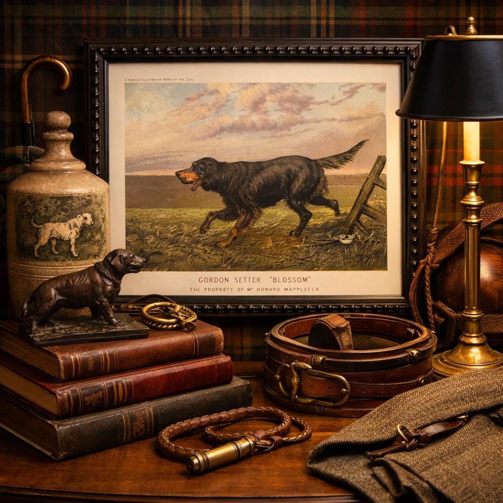 1890s Framed Chromolithograph: Gordon Setter Antique Dog Print