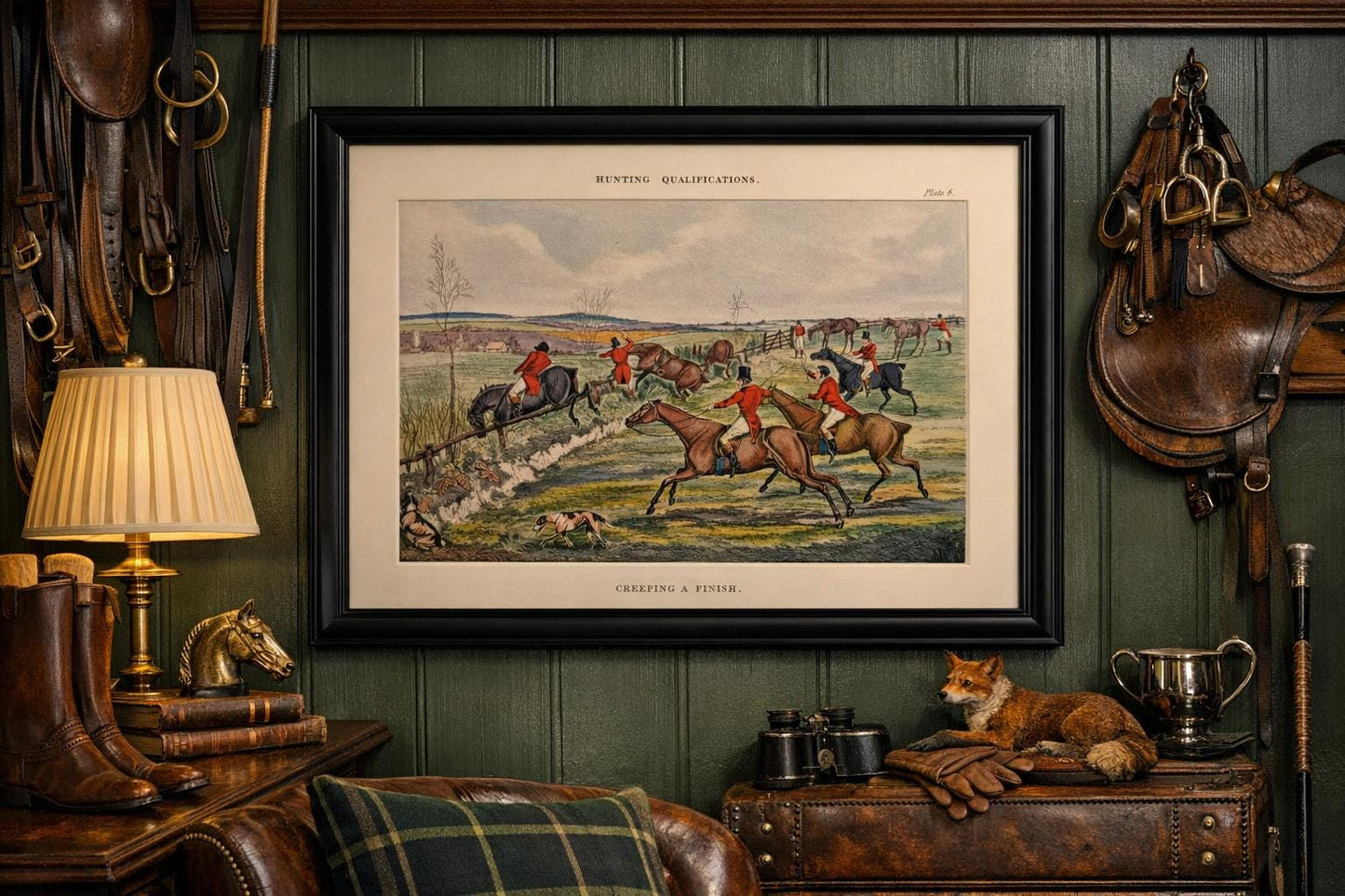 Antique Henry Thomas Aiken Fox Hunting Engraving Lithograph Print - "Hunting Qualifications: Creeping a Finish"
